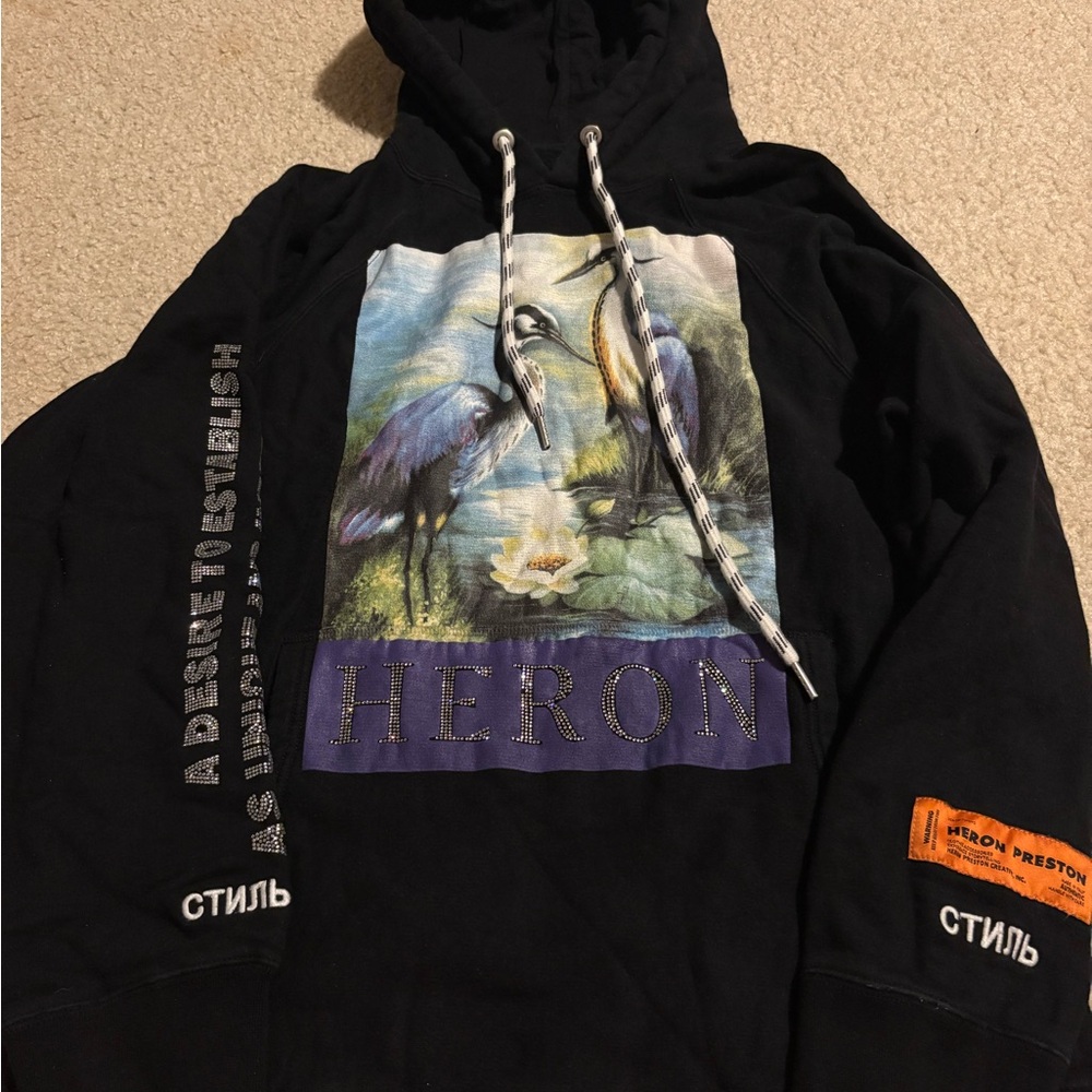 RARE Heron Preston Black Hoodie with Heron Graphic